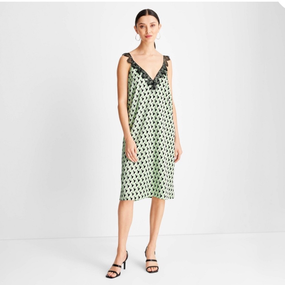 Future Collective | Green Printed Midi Slip Dress with Black Lace Trim | Size XL